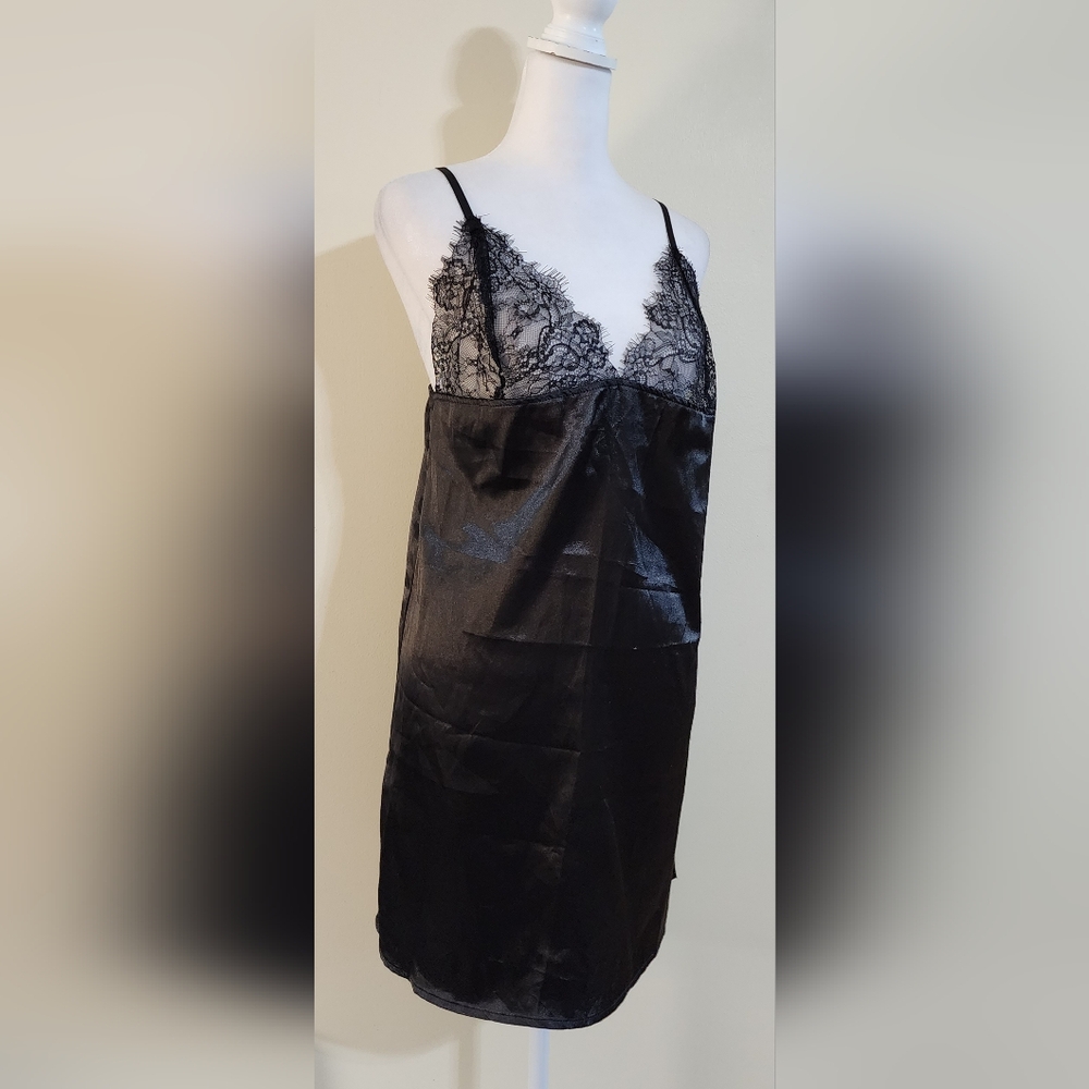 Sexy Black Silky Babydoll Lingerie Slip Dress Nightie Size M
